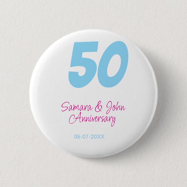 50. Jubiläum fett blau rosa Name Datum elegant  Button (Vorderseite)