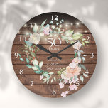 50. Jubiläum florale Rustikale Holzsaitenleuchten Große Wanduhr<br><div class="desc">Mit einer zarten Aquarellgarage und hübschen Saitenleuchten auf rustikalem Holzfußboden kann diese schicke botanische 50-jährige Hochzeitsuhr mit Ihrem goldenen Jubiläumsdetails-Set in eleganter Typografie personalisiert werden. Entwickelt von Thisisnotme©</div>