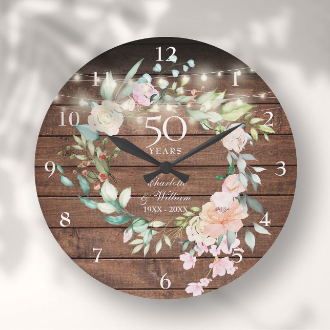 50. Jubiläum florale Rustikale Holzsaitenleuchten Große Wanduhr (50th Anniversary Floral Rustic Wood String Lights Large Clock)