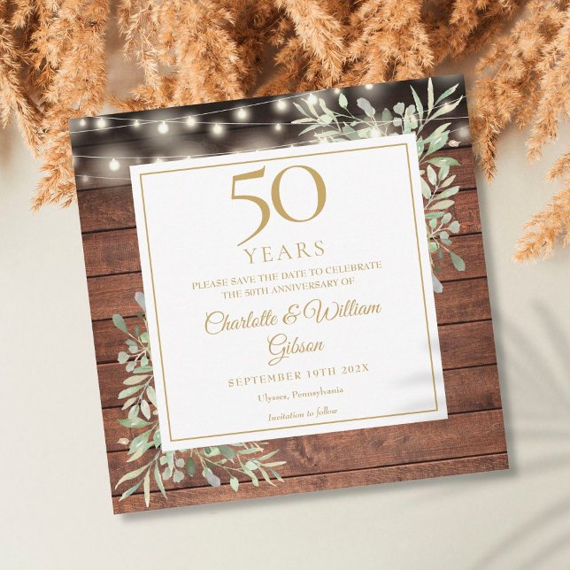 50. Jubiläum Foliage Rustic Wood Lights Square Save The Date (Von Creator hochgeladen)