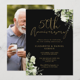 50. Jubiläum Greenery Black and Gold Foto Einladung