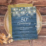 50. Jubiläum Holzsaitenleuchten Save the Date Ankündigungspostkarte<br><div class="desc">Mit hübschen Saitenlichtern und zarten Goldherzen konfetti auf blauem rustikalem Holzhintergrund. Personalisieren Sie mit Ihrem besonderen 50 Jahre goldenen Jubiläum Save the Date Informationen in schicken Schriften. Entwickelt von Thisisnotme©</div>