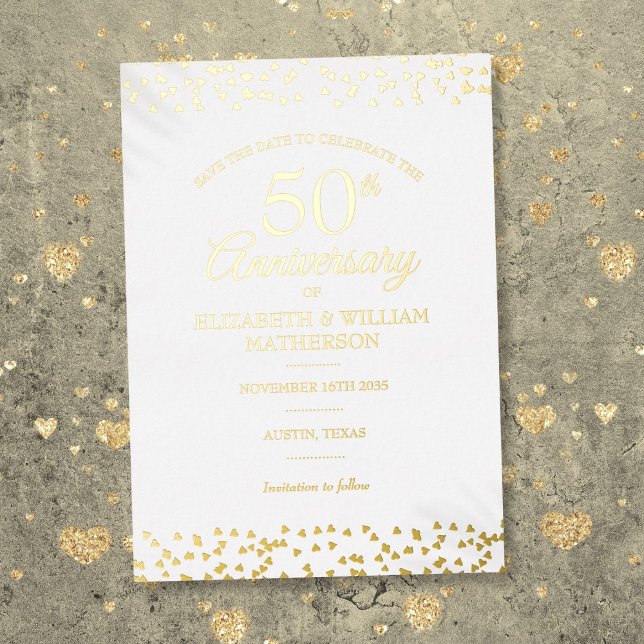 50. Jubiläum Hört Save the Date Gold Folieneinladung (50th Anniversary Hearts Save the Date Gold Foil Invitation)