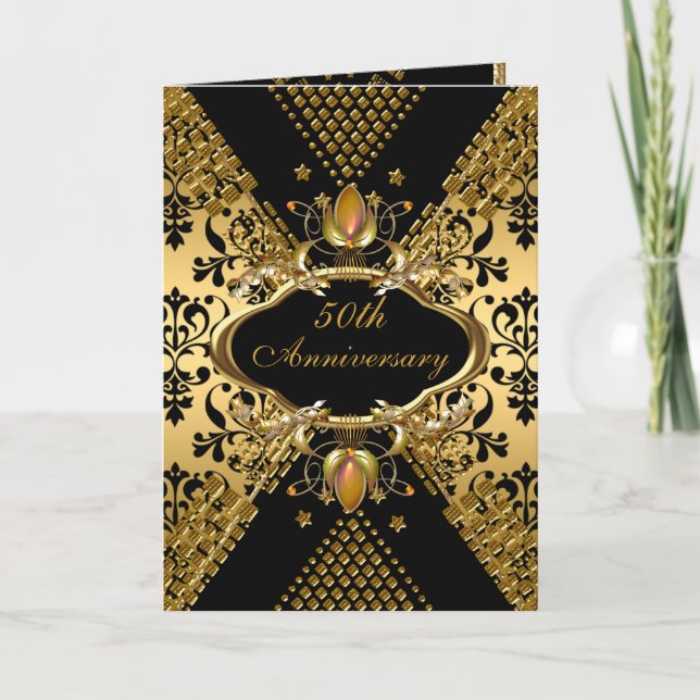 50. Jubiläum Party Gold Black Damask Deko 3 Einladung (Vorderseite)
