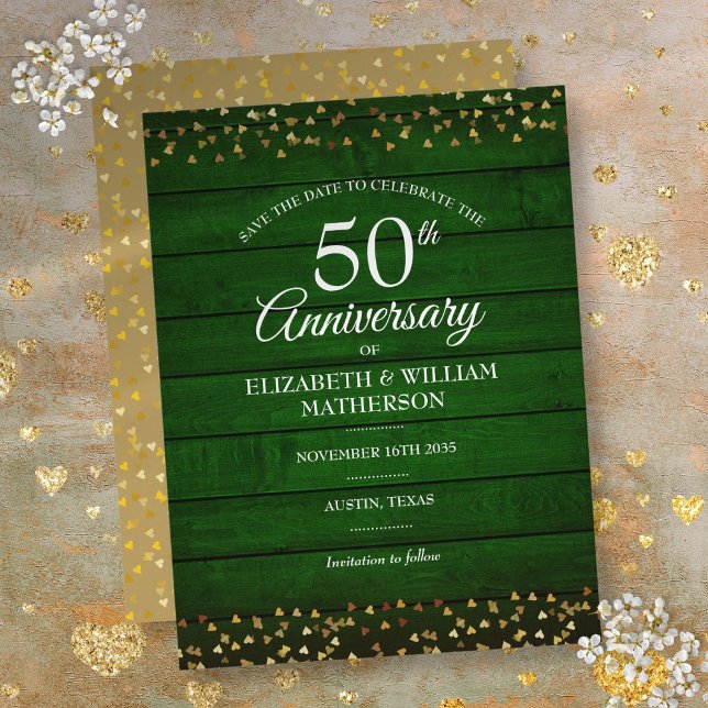 50. Jubiläum Rustikale Save the Date-Goldherzen Postkarte (50th Anniversary Rustic Save the Date Gold Hearts Postcard)