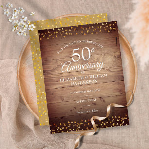 50. Jubiläum Save the Date Gold Herzen Rustikal Postkarte