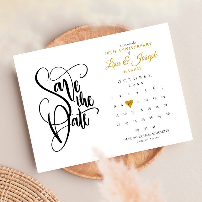 50. Jubiläum Save the Date Kalender Gold Herz Ankündigungspostkarte (Von Creator hochgeladen)