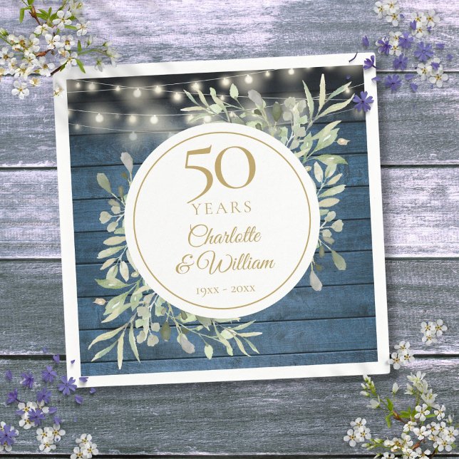 50. Jubiläum String Lights Foliage Rustikales Holz Serviette (50th Anniversary String Lights Foliage Rustic Wood Napkins)