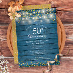 50. Jubiläum String Lights Wood Golden Hearts Einladung<br><div class="desc">Hübsche Saitenlichter und zarte Goldene Lieben auf blauem rustikalem Holzboden. Personalisieren Sie mit Ihren speziellen 50 Jahren goldenen Hochzeitstag Informationen in schicken Schriften. Entwickelt von Thisisnotme©</div>