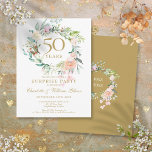 50. Jubiläum Surprise Party Rose Garland Ankündigungspostkarte<br><div class="desc">Dieses schicke botanische Überraschungs-Party aus dem 50. Hochzeitstag wird mit einer zarten Aquarellgarage personalisiert. Auf der Rückseite befindet sich eine passende Blumengarage,  die den Jubiläumsdarbietungen in elegantem weißem Text auf goldenem Hintergrund umrahmt. Entwickelt von Thisisnotme©</div>