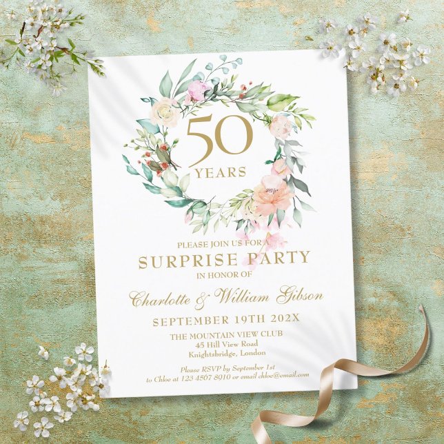 50. Jubiläum Surprise Party Rose Garland Einladungspostkarte (50th Anniversary Surprise Party Roses Garland Invitation Postcard)