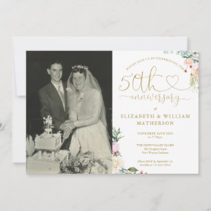 50. Jubiläums-Gold-Herz-Blumen-Monogramm-Foto Einladung