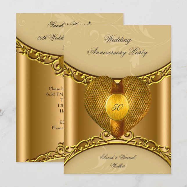 50. Jubiläumsfeier Elegantes Gold Goldenes Herz Einladung (Vorne/Hinten)