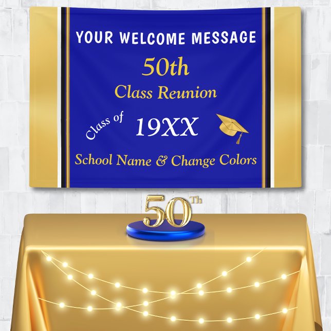 50. Klasse Wiedersehen Banner jedes Jahr, FARBEN,  (50th high school reunion ideas. 50th, blue and gold banners. 50th class reunion party supplies. )