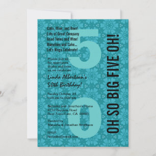 50. Modern Birthday Aqua Blue Flowers B200 Einladung