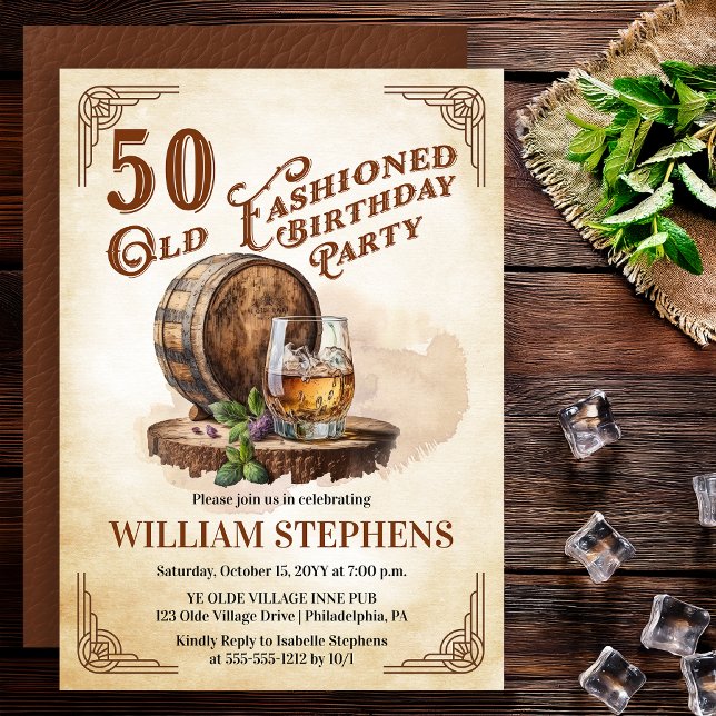 50. Old Fashioned Whiskeyfass-Geburtstagsfeier Einladung (Old Fashioned 50th Birthday Party Whiskey Barrel Theme Invitation)