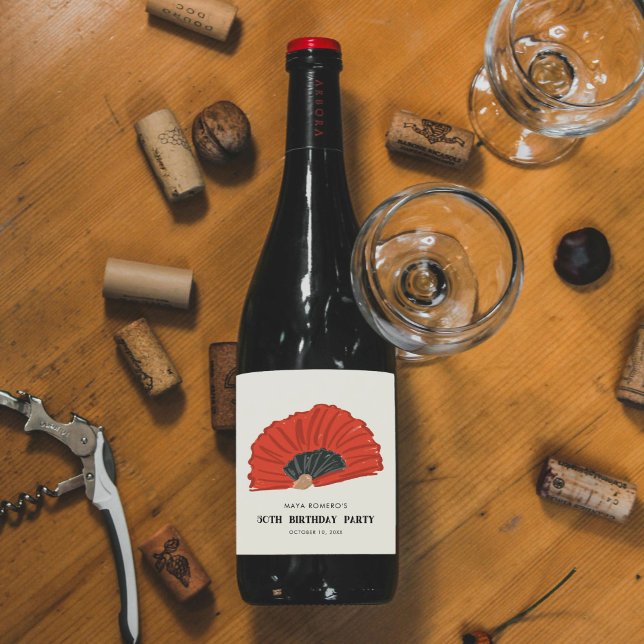 50. Red Flamenco Fan Geburtstagsparty Weinetikett (Red and black flamenco fan fiftieth birthday party wine bottle label stickers.)