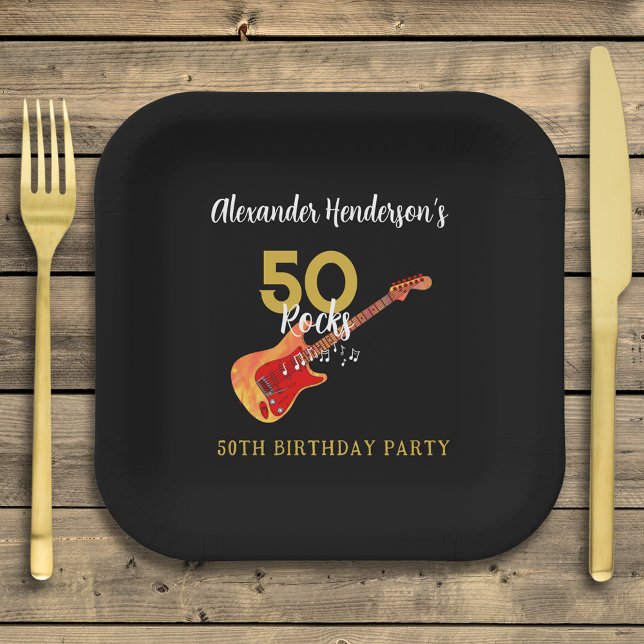 50 Rocks Coole 50. Geburtstagsfeier Pappteller (50 rocks cool rock and roll 50th birthday party black and gold paper plate personalized )