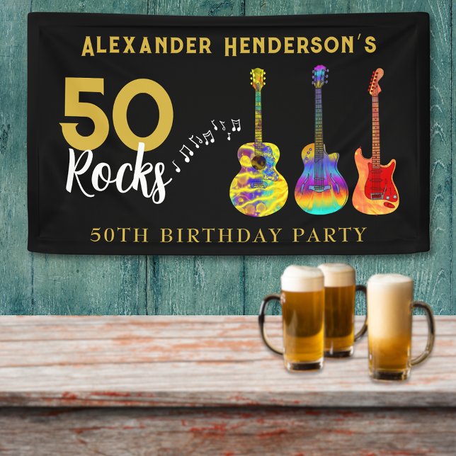 50 Rocks für Ihn Geburtstagsparty Banner (50 Rocks birthday banner personalized for him funky guitars cool gold and black 50th birthday )
