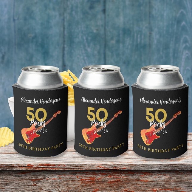 50 Rocks Geburtstagsparty für Ihn Dosenkühler (50 rocks 50th birthday party personalized can coolers funky electric guitar black and gold)