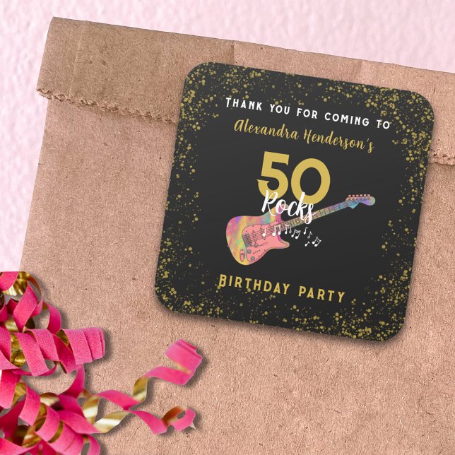 50 Rocks Pink Gitarre 50. Geburtstagsparty Danke Quadratischer Aufkleber (50 Rocks pink guitar black and gold glitter 50th birthday party thank you favor bag sticker)