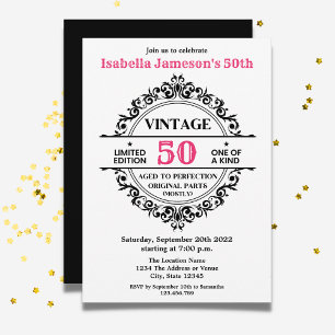 50. Schwarzer und Rosa Vintage-Geburtstag Einladung
