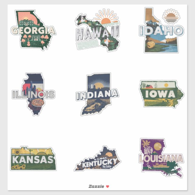 50 Staaten Retro Travel Sticker Set Teil 2 (Blatt)