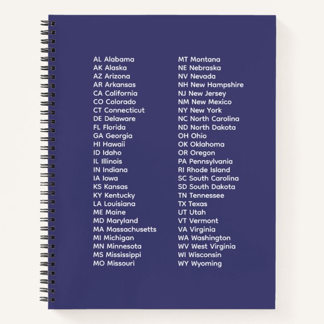 50 States Abbreviations List – Blue Spiral Noteboo Notizbuch (Vorderseite)