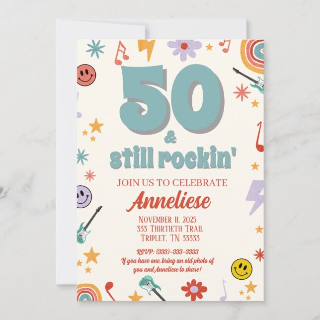 50 & Still Rockin’ Retro Music Themed Geburtstag Einladung (Vorderseite)