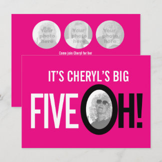 50 th birthday FIVE OH! Foto von pink retro landsc Einladung