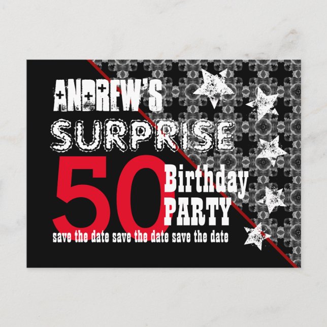 50. Überraschung Geburtstag Save the Date Diagonal Ankündigungspostkarte (Vorderseite)