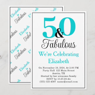 50 und das türkisfarbene Blau in Weiß Einladung