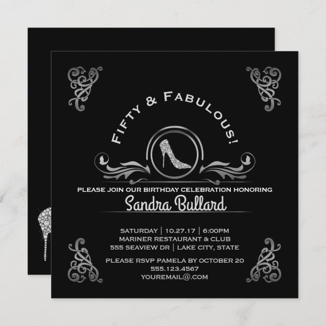 50 und fabelhaft Diamant High Heels Geburtstag Einladung (Vorne/Hinten)
