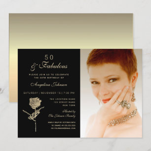 50 und Fabelhaft, Elegante schwarze goldene Blumen Einladung