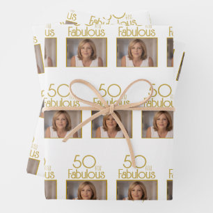 50 und Fabelhaft Gold Weiß Foto 50. Geburtstag Geschenkpapier Set