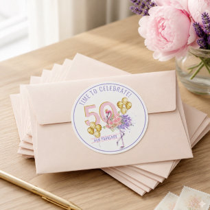 50 und Fabelhaft Rosa Floraler Flamingo Runder Aufkleber