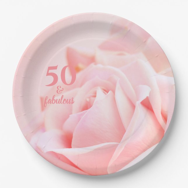 50 und fabelhaft | Rosa Rose 50. Geburtstag Pappteller (Vorderseite)