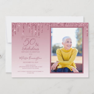 50 und Fabelhaft Roségold Rosa Glitter-Foto Einladung