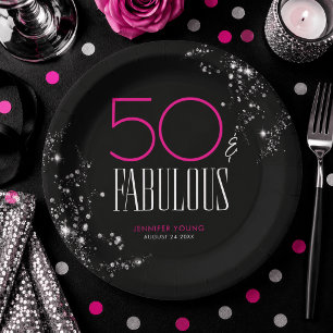 50 und Fabelhaft Schwarz Rosa Glamour Glitzer Gebu Pappteller