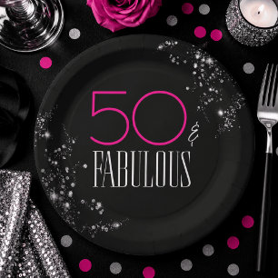50 und Fabelhaft Schwarze Pink Glam Funkelnder Geb Pappteller