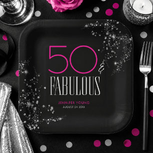 50 und Fabelhaft Schwarzes Rosa Glamour Funkelnder Pappteller