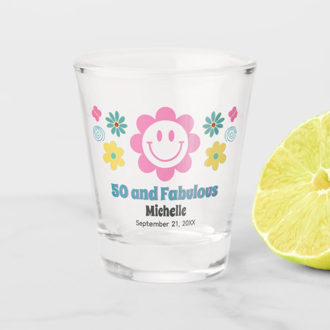 50 und fabelhafte 50. Modern Birthday Retro Gefall Schnapsglas (Vorderseite)