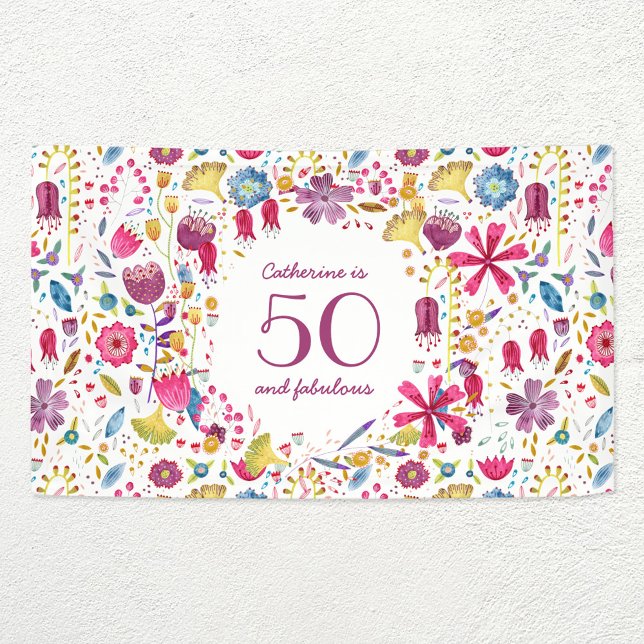 50 und fabelhafte Aquarellfarbe Blumenbezeichnung  Banner (Personalized floral fifty and fabulous party banner)