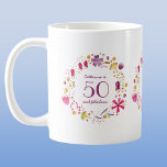 50 und fabelhafte Aquarellfarbe Blumenbezeichnung  Kaffeetasse<br><div class="desc">Ein hübscher,  moderner botanischer Blumenkranz,  der 50 Jahre alt ist,  und eine fabelhafte Typografie. Passen Sie den Namen,  das Alter und die Nachricht an.</div>
