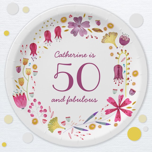 50 und fabelhafte Aquarellfarbe Blumenbezeichnung  Pappteller (Fifty and fabulous birthday party personalized paper plate)