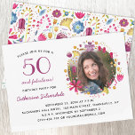 50 und fabelhafte Blumengebirge Geburtstagsparty F Einladung<br><div class="desc">50 und fabelhafte hübsche moderne botanische florale Aquarell rund um das Geburtstagsmädchen Foto. Die Rückseite weist ein Blumenmuster auf,  das mit dem anderen übereinstimmt. Ändern Sie das Foto,  die Details und sogar das Alter zu anpassen. Foto Credit: Fotografie © Storytree Studios,  Stanford,  CA</div>