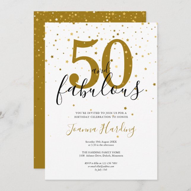 50 und fabelhafte Elegant Gold und Black Birthday Einladung (Vorne/Hinten)