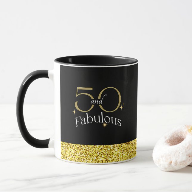 50 und fabelhafte Elegant Script Black Gold Glitze Tasse (Mit Donut)