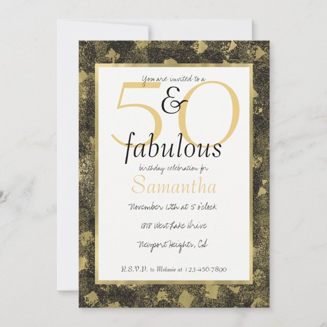 50 und fabelhafte Glam Gold Black Party Einladung (Vorderseite)