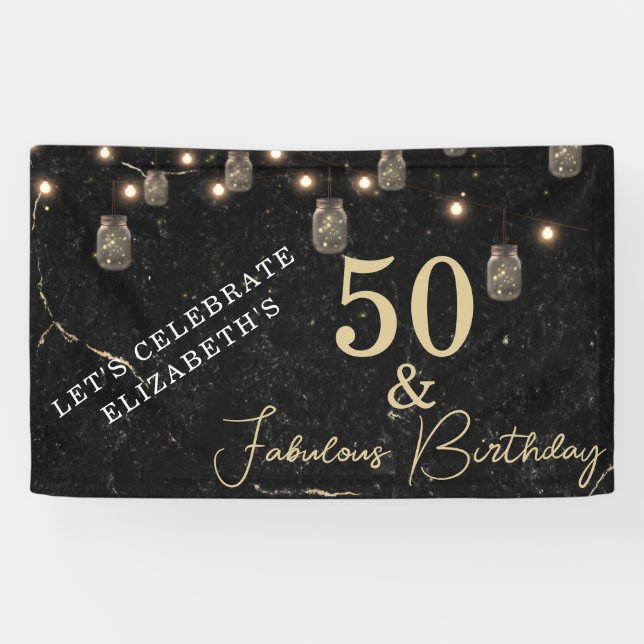 50 und fabelhafte Gold Black Marble Mason Jar Ligh Banner (Horizontal)